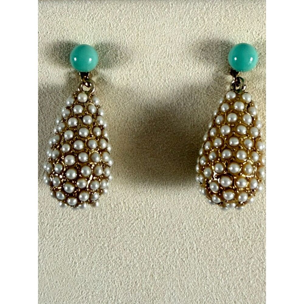 Carolee for Soft Surroundings Pearl Beaded Teardrop Drop Earrings Turquoise Stud